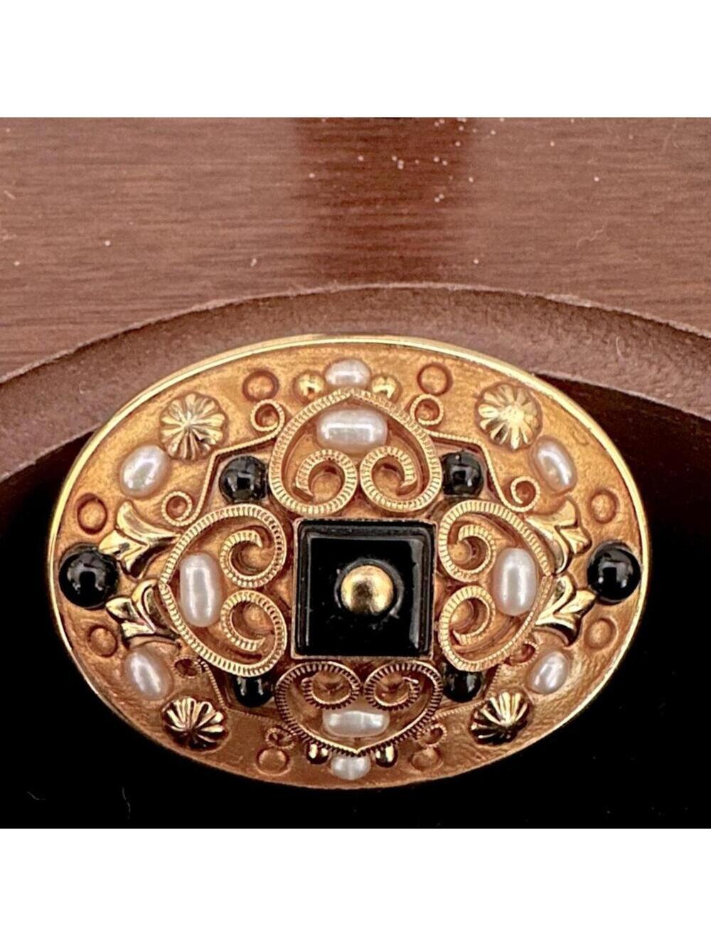 Vintage 1970s Michal Golan oval brooch w hearts, and crystals, stone detail